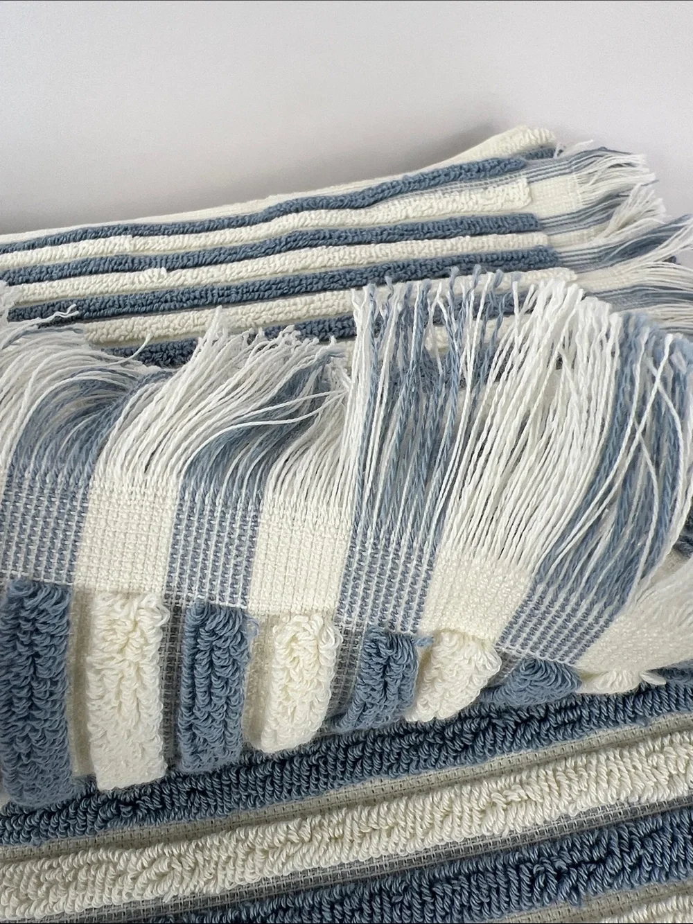 Rachel Zoe Bath Towel Set Blue White Striped with Fringe Soft Cotton 8 Pc NEW
